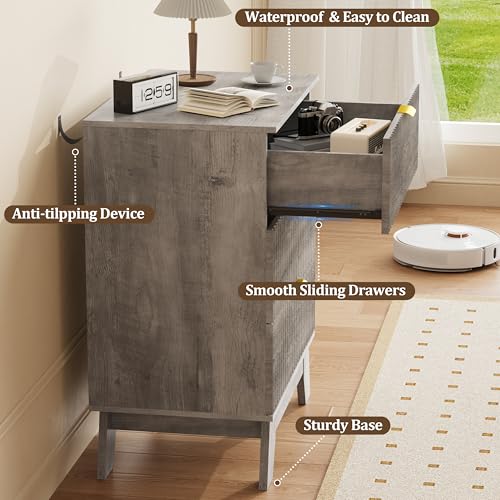 Fluted Nightstand with 3 Large Drawers, Wooden Side End Table with Elevated Legs for Easy Cleaning, Sturdy Modern Beside Table for Small Space, Bedroom, Grey, 24" L - color: Grey
