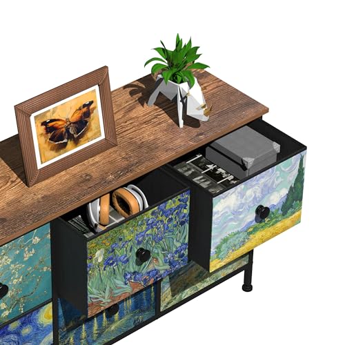 EXOTICA 6 Drawer Dresser for Bedroom Van Gogh Chest of Drawers Wide TV Stands Fabric Storage Drawer Unit for Living Room Entryway Closet Sturdy Steel Frame Wood Top - size: 39"D x 11.8"W x 21.7"H (6 Drawers)