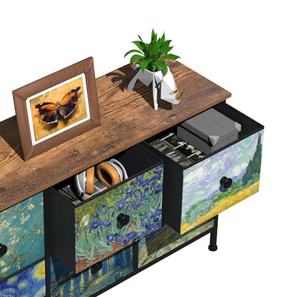 EXOTICA 6 Drawer Dresser for Bedroom Van Gogh Chest of Drawers Wide TV Stands Fabric Storage Drawer Unit for Living Room Entryway Closet Sturdy Steel Frame Wood Top - size: 39"D x 11.8"W x 21.7"H (6 Drawers)