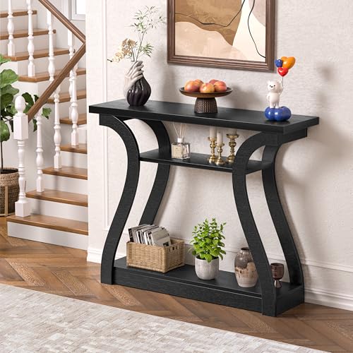 Wood Console Table, 3-Tier Accent Sofa Table (Black) | 47" Entry Table with Curved Legs, 3-tier Shelf Modern Accent Sofa Table for Entrance Area, Living room, Hallway - color: Black
