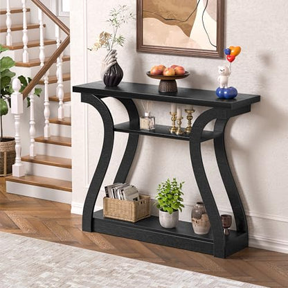 Wood Console Table, 3-Tier Accent Sofa Table (Black) | 47" Entry Table with Curved Legs, 3-tier Shelf Modern Accent Sofa Table for Entrance Area, Living room, Hallway - color: Black