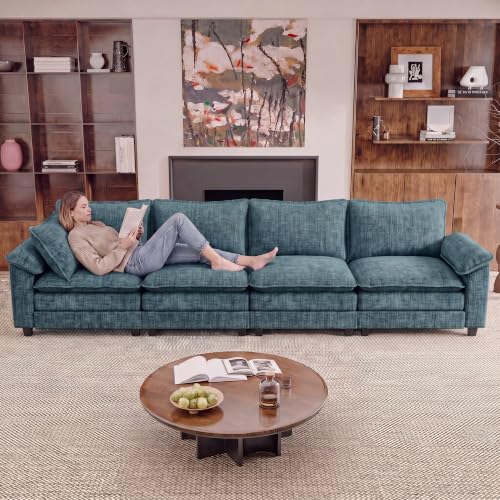 JUMMICO 159" Sectional Couch, Modular Cloud Sofa, Dark Blue | Comfy Chenille, 4 Deep Seats, High-Density Foam, Double Layer Cushions, Oversized Linear Sofa for Living Room and Apartment - color: Dark Blue, size: Linear Sofa