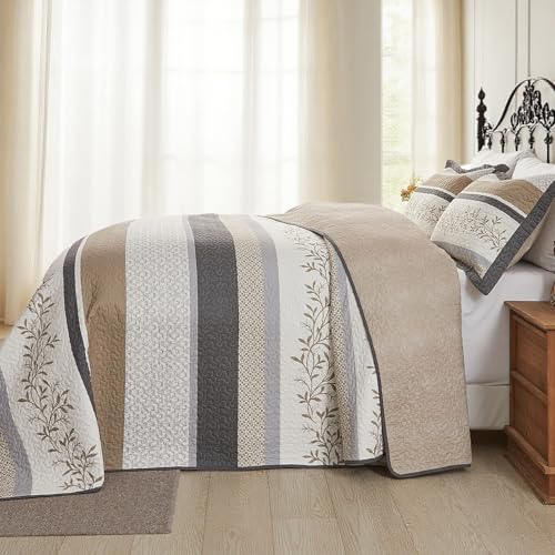Oversized King Bedspreads 120x120, Reversible XL Bed Spread | 100% Cotton Extra Large Quilt Comforter, Farmhouse Botanical Pattern, Lightweight Bedding Set with 2 Shams, Khaki/Beige - color: Khaki/Beige/Gray, size: Oversized King(120"x120")