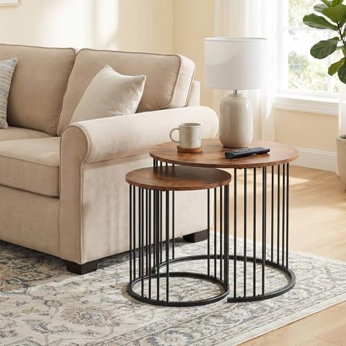 Nesting Side Tables Round Set of 2, Solid Wood End Tables Narrow with Storage Industrial Small Bedside Table Night Stand for Living Room, Bedroom, Sofa