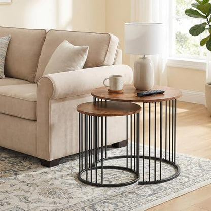 Nesting Side Tables Round Set of 2, Solid Wood End Tables Narrow with Storage Industrial Small Bedside Table Night Stand for Living Room, Bedroom, Sofa