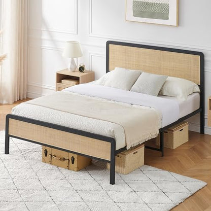 IDEALHOUSE Rattan Queen Size Bed Frame with Natural Rattan Headboard, Cane Boho Queen Size Platform Bed Frame,Natural Bed Frame No Box Spring Needed, Noise-Free, Easy Assembly(Black)