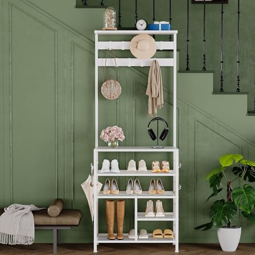 GiftGo Modern White Large 5-Tier Hall Tree Entryway Wooden Shoes Rack Shelf Coat Rack with Movable 9 Metal Hooks Storage Organizer for Home Office Bedroom Mudroom Living Room - color: White