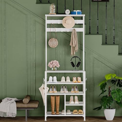 GiftGo Modern White Large 5-Tier Hall Tree Entryway Wooden Shoes Rack Shelf Coat Rack with Movable 9 Metal Hooks Storage Organizer for Home Office Bedroom Mudroom Living Room - color: White