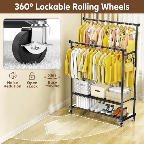 Rolling Clothes Rack with Doule Rod for Hanging, Heavy Duty Metal Garment Rack Load 450 LBS with Lockable Wheel, Free Standng Clothing Rack with 2 Shelves and Side Hooks for Home Commercial, Black - color: Black