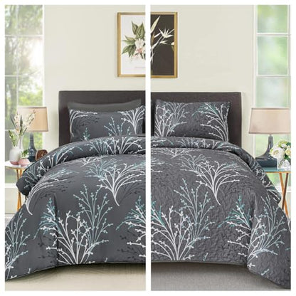 DJY Blue and Grey Reversible Comforter Set with Quilt Set Branch Flroal Pattern Bedding Set