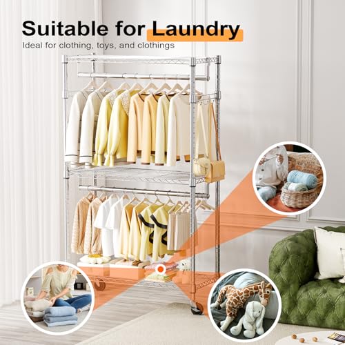 M MZG Heavy Duty Rolling Garment Rack 3 Tiers Adjustable Wire Shelving Clothes Rack with 2 Rods and Side Hooks,Storage Closet Clothing Rack with Wheels Chrome 15.7" D x 29.5" W x 74.5" H - color: Chrome, size: 3 Tier with 2 rod, 15.7"D x 29.5"W x 74.5"H