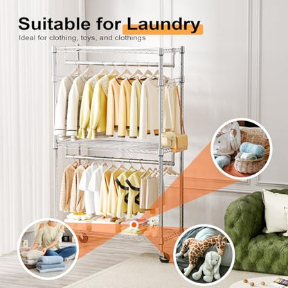 M MZG Heavy Duty Rolling Garment Rack 3 Tiers Adjustable Wire Shelving Clothes Rack with 2 Rods and Side Hooks,Storage Closet Clothing Rack with Wheels Chrome 15.7" D x 29.5" W x 74.5" H - color: Chrome, size: 3 Tier with 2 rod, 15.7"D x 29.5"W x 74.5"H