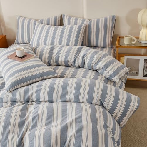 Blue Striped Duvet Cover Set Twin, 100% Washed Cotton Chic Stripes Pattern Printed Bedding Set Twin, 3 Pieces Soft Breathable Duvet Cover Farmhouse Retro Striped Comforter Cover with Zipper Closure - color: 08# Blue Striped, size: Twin(68"x86")