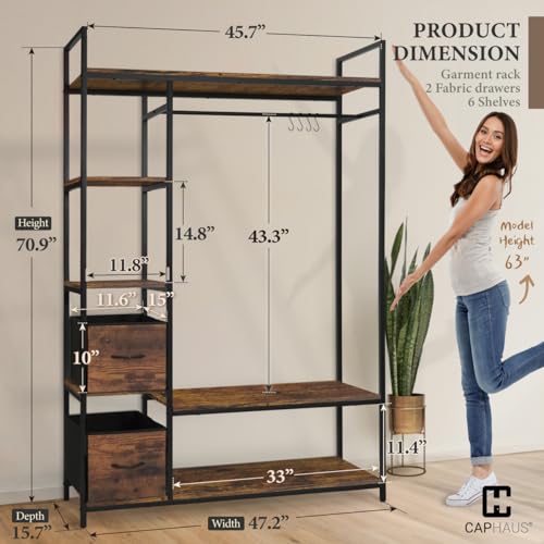 CAPHAUS 979lbs Capacity Garment Rack for Hanging Clothes, Heavy Duty Open Wardrobe w/Hanging Rods & Fabric Drawers, Free Standing Closet Organizer, Metal Closet Rack w/Rustic Oak Wooden Shelves - color: Rustic Oak, size: 48 Inch
