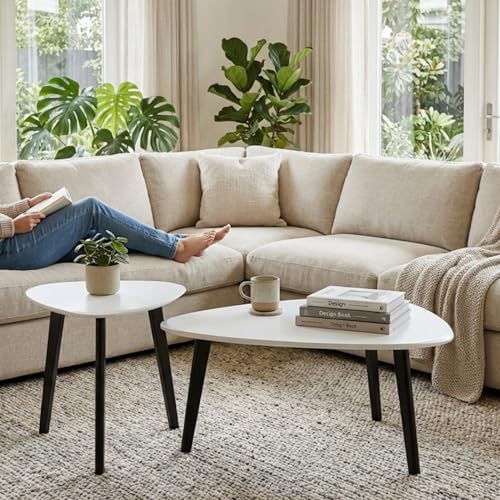 Nesting Coffee Table Set of 2-Mid Century Moder Coffee Table | Guitar Pick Stacking Tables with Solid Wood Legs,Small Coffee Tables for Small spaces,Living Room,Balcony - color: White