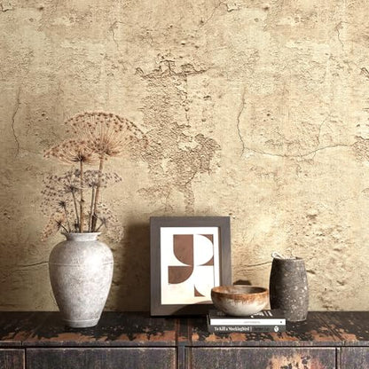 FunStick Aged Tan Brown Concrete Wallpaper Peel and Stick Textured Renter Friendly Cement Wallpaper for Bedroom Bathroom Accent Wall Waterproof Removable Concrete Contact Paper for Countertops 12x200 - size: 12" x 200"
