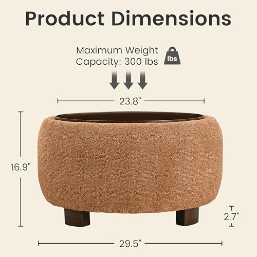 VKNOW 30" Round Storage Ottoman, Ottoman Coffee Table with Removable Wood Top and Solid Wood Legs for Living Room, Bedroom, Apartments (Orange) - color: Orange
