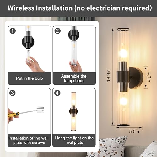 Morauroral Black Battery Operated Wall Sconces Set of 2, Rechargeable Wall Lights with Remote, 20 Inch Modern Wireless Wall Lamp for Bedroom, Living Room with Clear Glass Shade (Bulbs Included) - color: Matte Black