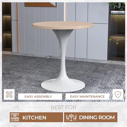 LeisureMod Verve Mid-Century Modern 27 Inch Round Dining Table, MDF Wood Tabletop with White Steel Pedestal Base, Contemporary Kitchen & Dining Room, Small Space Breakfast Table, Light Natural Wood - color: Light Natural Wood, size: 27 inch Wide