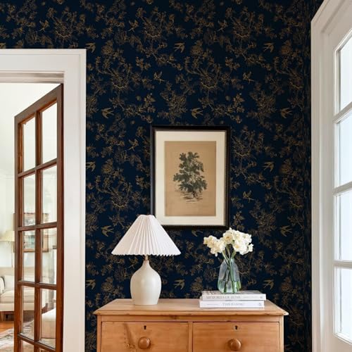 Simon&Siff Dark Blue and Glod Vintage Floral Birds Peel and Stick Wallpaper | 1200" x 17.3" Removable Self Adhesive Waterproof Contact Paper, Renter Friendly Wall Paper for Cabinets, Furniture, DIY Decor - color: Dark Blue and Gold, size: 17.3" x 1200"