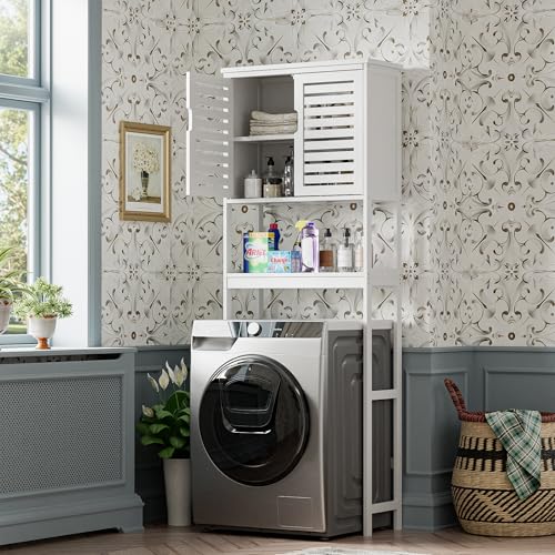 SMIBUY Bathroom Over The Toilet Storage Cabinet, 2 Door Bamboo Cabinet Organizer, Freestanding Space Saver Toilet Rack with Adjustable Inside Shelf and Open Shelf (White) - color: White