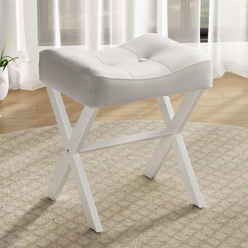 18-Inch Leather Vanity Stool Chair, White Makeup Stool | Vanity Bench, Metal X-Leg, Ottoman Accent Stool, Thick Padded Saddle Seat, 300 LBS, 16.3"x12.4"x18", For Living Room, Bedroom - size: Small, style: White Leather