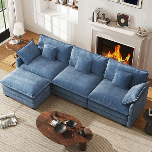 111.4" Cloud Couch, Modular Sectional Sofa with Ottoman, Comfy Modern 3-Seater Couches with Pillows & Upholstered Deep Seat Cushion for Living Room Bedroom Apartment (Blue) - color: Blue, size: 111.4" L Sofa