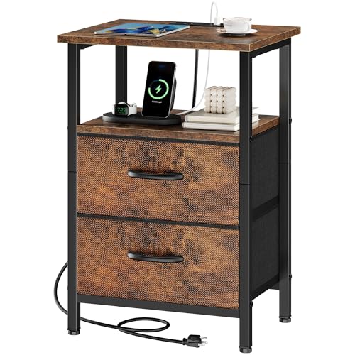 Nightstand with Charging Station, Small Night Stand with Fabric Drawers for Bedroom, End Table, Bedside Table with USB Ports & Outlet, 24.2" Tall Bed Side Table with Open Shelf, Rustic Brown - color: Rustic Brown, size: 1 Piece, style: Ordinary