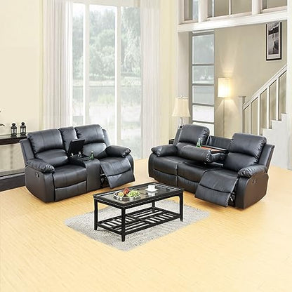 A Ainehome Living Room Furniture Set Leather Recliner Sofa Set Loveseat Chair Furniture Sofa Set for Living Room/Small Space/Rv/House/Office/Theater Seating (A-Black Leather, Sofa+Loveseat) - color: Black Leather, size: Sofa+Loveseat