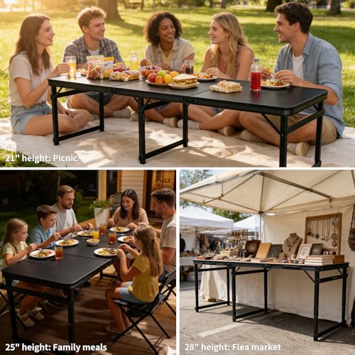 Folding Camping Table, Black Aluminum Frame,3-Position Adjustable Height,Lightweight Carry Handle, Portable for Travel, Camping Outdoor Use, 6FT x 2FT(X-Large), Black - size: 6 ft x 2 ft × 2.3 ft H