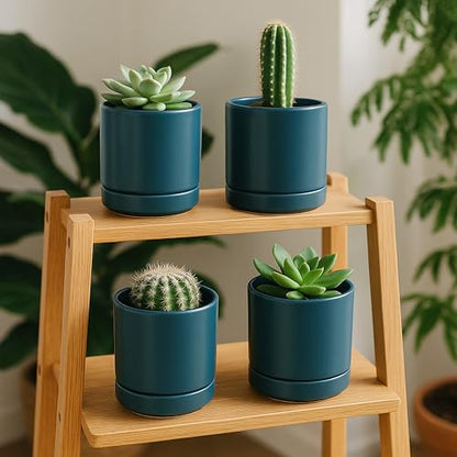 D'vine Dev 2-Pack Ceramic Pots with Saucers, Teal, 4.7 in, 94-V-B-9 | Modern Cylinder Design, Glazed Ceramic, Drainage Hole & Saucer Included, High Temperature Fired, Elegant Home Accent - color: Teal, size: 4.7 Inch