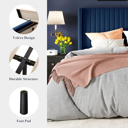 Allewie King Size Velvet Bed Frame/Vertical Channel Tufted Wingback Headboard/Upholstered Platform Bed/Strong Wooden Slats/No Box Spring Needed/Easy Assembly/Blue - color: Blue, size: King