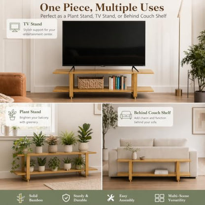 HollyHOME Bamboo TV Stand with Storage for TVs up to 65'', Modern Entertainment Center with 2 Open Shelf, Accent TV Media Console Table for Living Room, Bedroom, 55"(L), Burlywood - color: Burlywood