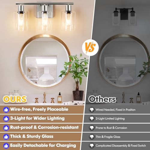 Battery Operated Wall Sconce, 3-Light Dimmable Rechargeable Vanity Light Fixture with Remote & Bulbs, 3-Light Silver Wireless Indoor Non-Hardwired Wall Lamp for Bedroom, Living Room, Cabinet, Porch - color: Silver