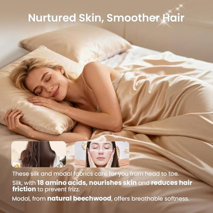 THXSILK Luxury Queen Silk Duvet Cover Set 3 Pieces, Extra Soft, Breathable & Cooling Bedding Set, Machine Washable & Durable, 1 Duvet Cover & 2 Pillowcases with Zipper Closure(Champagne) - color: Champagne, size: Queen (3 pcs)