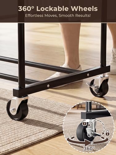 Clothes Rack, Rolling Clothing Rack with Double Rods for Hanging Clothes, Portable Garment Rack with Wheels, Metal Wardrobe Closet Organizer for Bedroom and Laundry Room