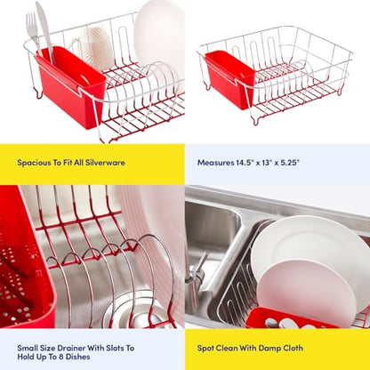 Sweet Home Collection Metal 2 Piece Dish Drying Rack Set Drainer with Utensil Holder Simple Easy to Use Fits in Most Sinks, 14.5" x 13" x 5.25", Red - color: Red