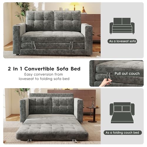 55" Convertible Folding Sofa Bed, Pull Out Couch Love Seat Sleeper Bed, Small Fold Out Loveseat sleeper with Cup Holder and Pillow for Small Space, Bedroom Lounge, Dorm, Living Room(Grey Chenille) - color: Light Grey