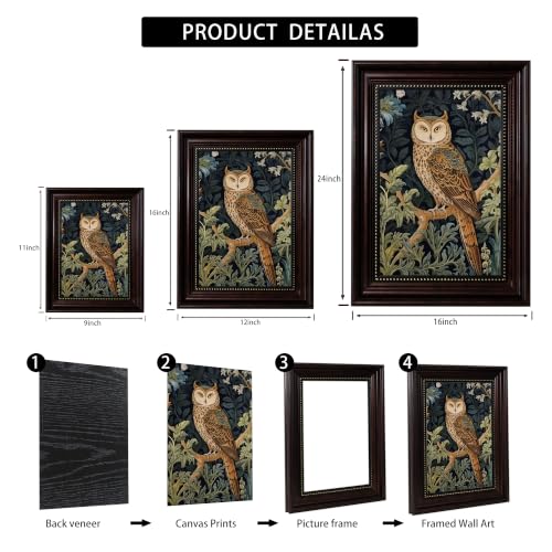 Framed Vintage Owl Canvas Wall Art Dark Forest Bird Wall Decor Pictures Floral Botanical Woodland Wildlife Poster Prints for Whimsical Cottagecore Farmhouse Home Decoration 9x11 in - color: Owl, size: 11"L x 9"W