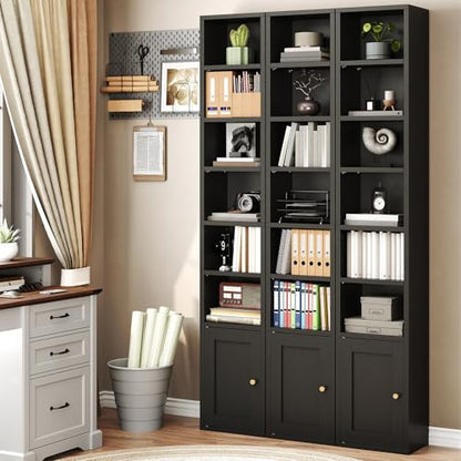 7-Tier Tall Narrow Bookshelf with Door, 11.8 X 9.3 X 70.9 Inches CD DVD Slim Media Tower Rack with Storage Cabinet, Adjustable Shelves, Skinny Bookshelf Display Bookcase for Home Office, Black - color: Black