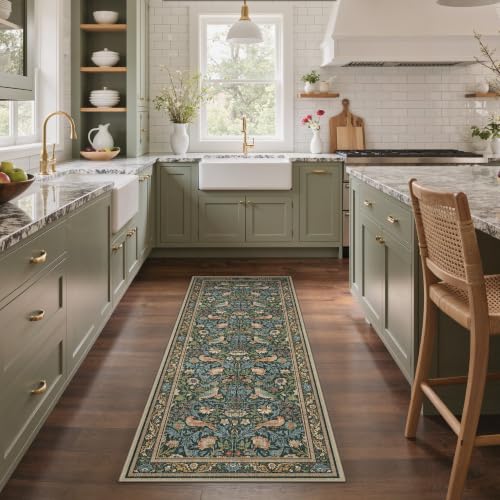 GENIMO 2X10 Blue Green Runner Rug for Hallway, Washable Non Slip | Blue Green Boho Bird Runner for Kitchen and Entryway, Soft Low Pile Polyester Rug, Easy Care, Non-Shedding - color: Blue Green, size: 2' x 10' (Rectangular)