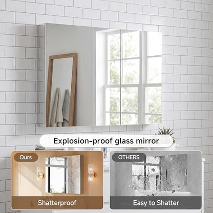 36" x 30" Bathroom Medicine Cabinet with Mirror, Recessed or Wall Mount | Medicine Cabinets with Adjustable Glass Shelves, Soft-Closed Hinge, Chrome Aluminum Frame, Reverse Installation - size: 36" x 30"