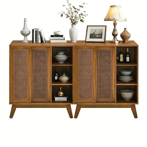 Mid Century Modern Small Rattan Sideboard Buffet Storage Cabinet | Real Wood Veneer Mid Century Storage Cabinet with Rattan Sliding Doors,Boho Bar Cabinet,Small Sideboard Buffet,Light Walnut - color: Light Walnut