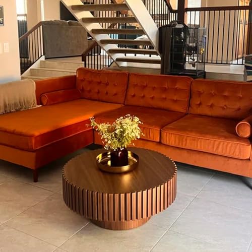 39.37'' Round Coffee Table for Living Room, Modern Wood Nesting Coffee Table Handcraft Circle Fluted Drum Coffee Table, Easy Assembly - color: Walnut, size: 39.37"x23.62"x13.42"