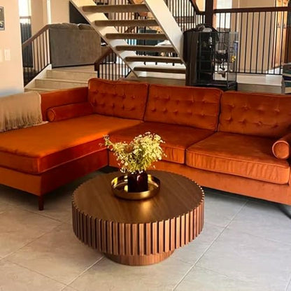 39.37'' Round Coffee Table for Living Room, Modern Wood Nesting Coffee Table Handcraft Circle Fluted Drum Coffee Table, Easy Assembly - color: Walnut, size: 39.37"x23.62"x13.42"