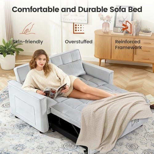 Sleeper Sofa Bed with Adjustable Backrest & Side Pockets, Gray | Adjustable Backrest & Side Pockets,Pull Out Sofa,Comfortable Fabric - color: S-light Gray-gw