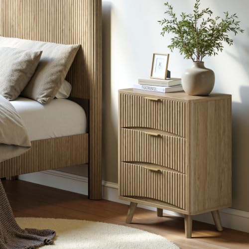 Evermagin 29" Tall Fluted Nightstand Set of 2 with 3 Drawers | Oak Night Stand,Wooden Bedside Table, Mid Century Modern Side Table for Bedroom, livingroom - color: Oak, size: 13.78"D x 23.62"W x 29.35"H (3 Drawers)