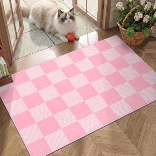 GarveeHome Checkered Pink 2x3 Washable Girls Rug Low-Pile Small Door Mat | Pink and White Area Rug for Entryway Hallway Kitchen Bathroom Stain Resistant Low-Pile Non-Slip Soft Rugs TPE Backing - color: Blush Pink, size: 2' x 3' (Rectangular)