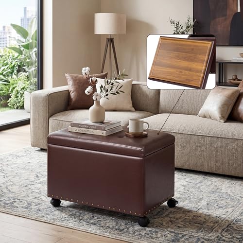 Homebeez 22 inch Storage Ottoman with Tray Top, Multi-Functional Faux Leather Coffee Table with Storage, Tufted Foot Rest with Nailhead Trim for Living Room, Reddish Brown - color: Reddish Brown With Wheels