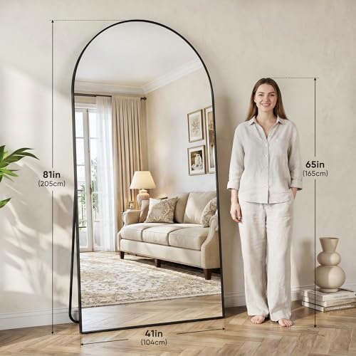41"×81" Arched Full Length Floor Mirror, Standing Mirror with Aluminum Frame, Large Body Mirror of Free Standing/Wall Mount/Leaning for Bedroom, Living Room, Dressing Room, Black - color: Black, size: 81"L x 41"W